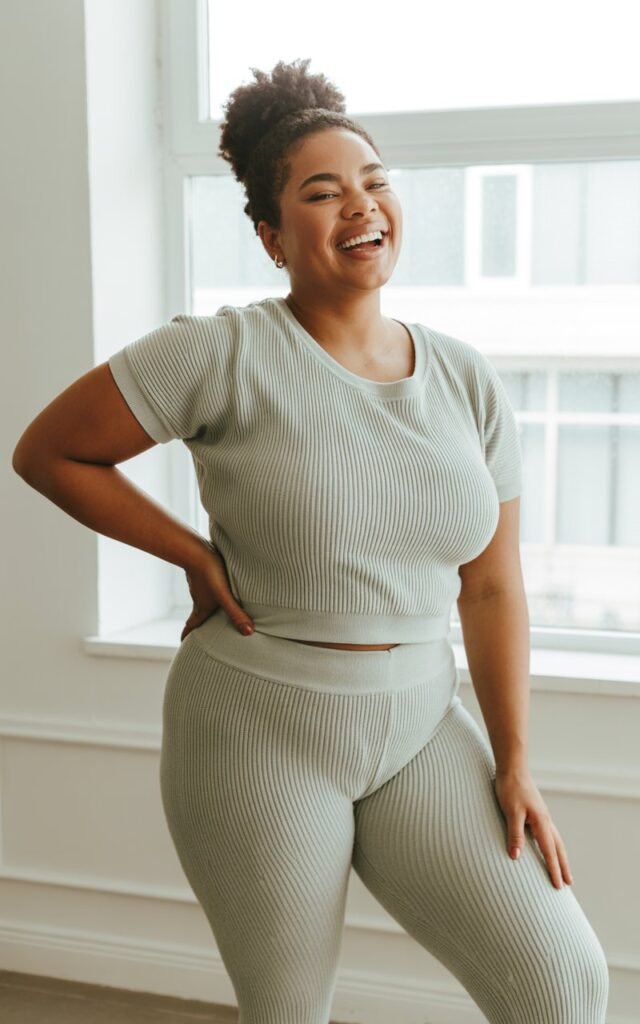 A natural-looking young curvy woman wearing a knit matching set. Theme curvy outfits.