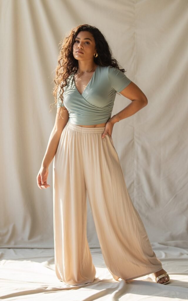 A natural-looking young curvy woman wearing a wrap top with flowing palazzo pants. Theme curvy outfits.