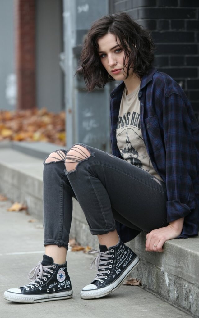 A natural-looking young woman wearing Converse or Vans with scribbled, distressed details. Theme emo outfits