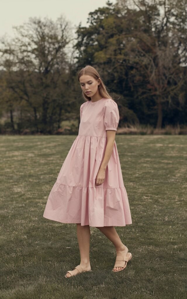 A natural-looking young woman wearing a babydoll dress paired with minimalist sandals. Theme girly summer outfits
