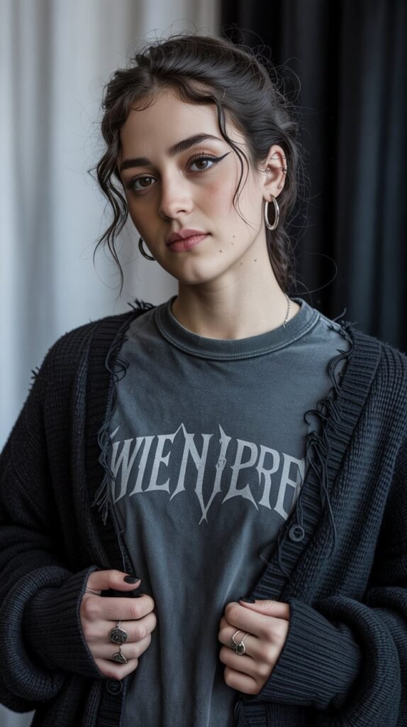 A natural-looking young woman wearing a band tee layered under a distressed black cardigan. Theme emo outfits