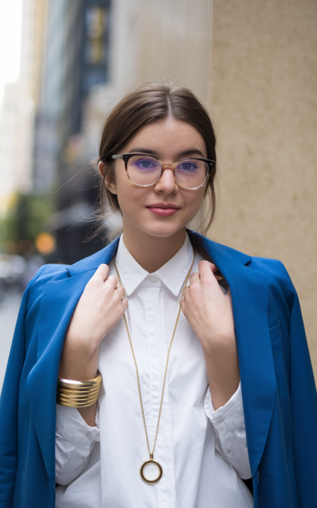 A natural-looking young woman wearing a basic outfit elevated with statement accessories. Theme fashion inspo outfits