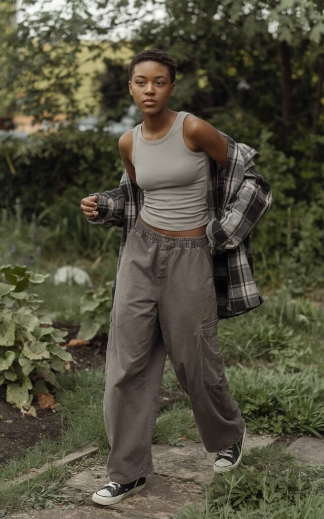 A natural-looking young woman wearing a basic tank top paired with relaxed cargo pants and sneakers. Theme tomboy outfits