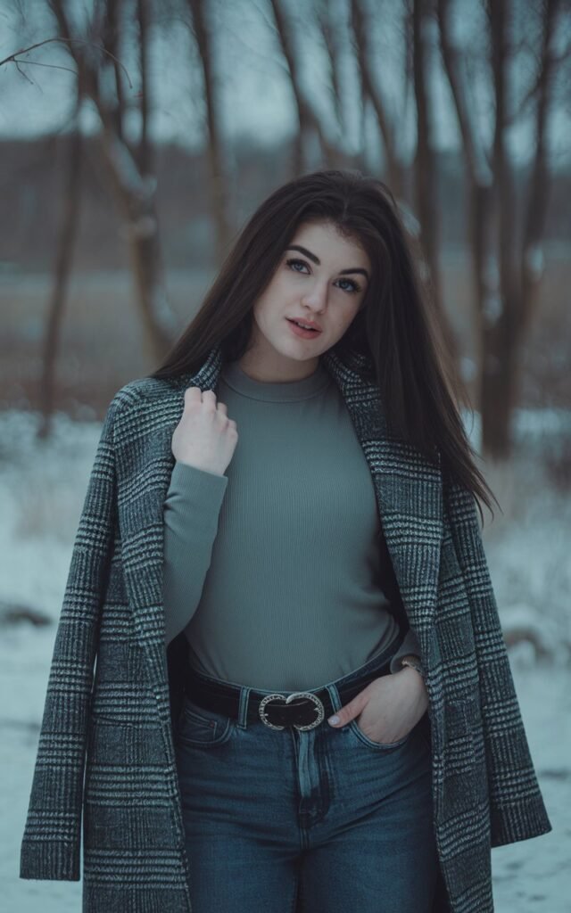 A natural-looking young woman wearing a basic thermal top styled with a statement belt and a structured winter coat. Theme winter fashion outfits 