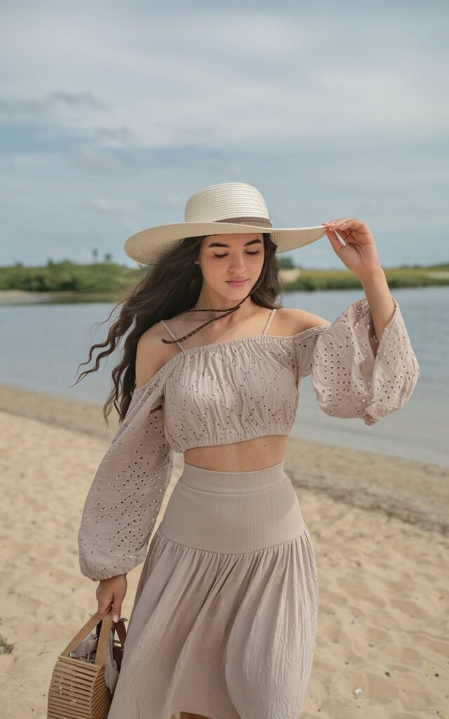 A natural-looking young woman wearing a beach outfit made from lightweight, flowing fabrics. Theme beach outfits
