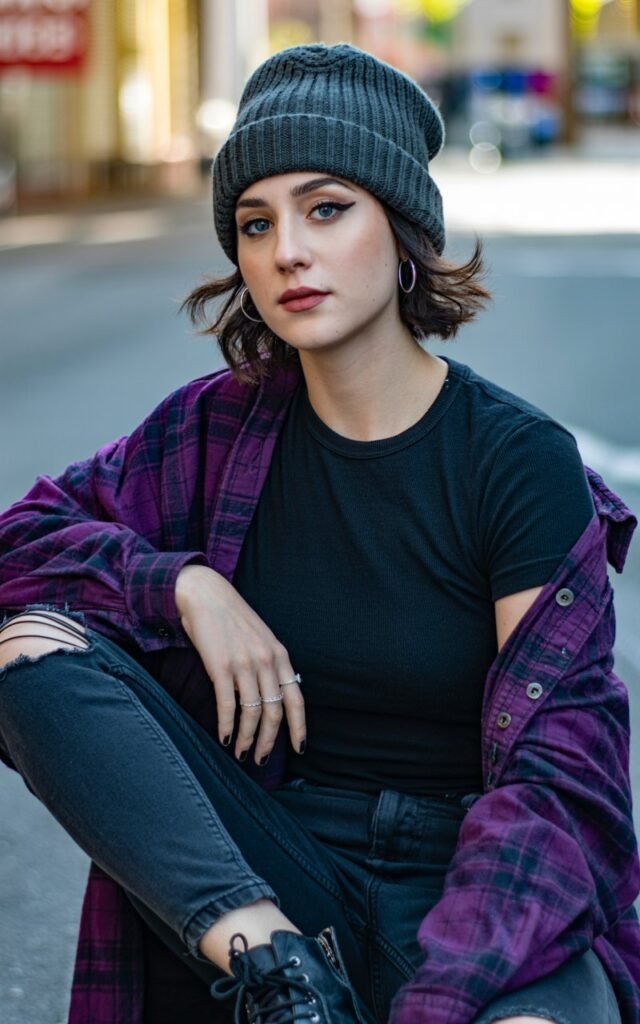 A natural-looking young woman wearing a beanie or slouchy knit cap with an emo-inspired outfit. Theme emo outfits