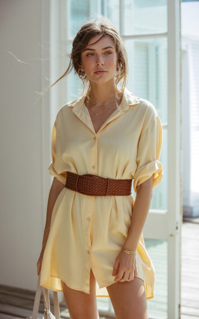A natural-looking young woman wearing a belted shirt dress styled for an easy chic look. Theme cute summer outfits
