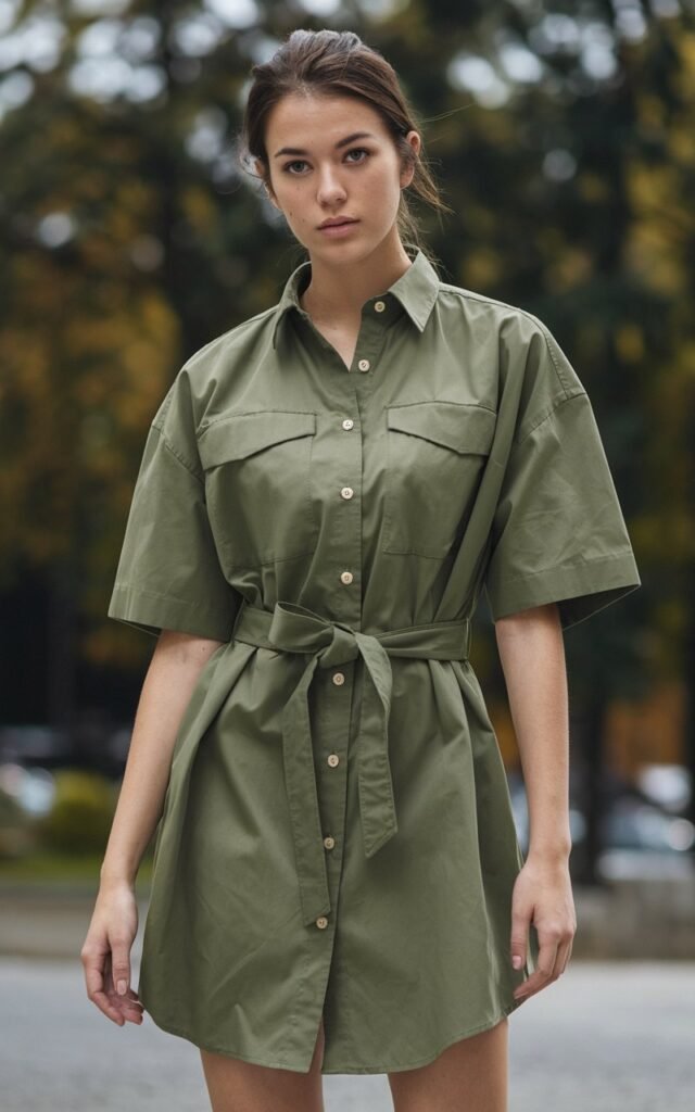 A natural-looking young woman wearing a belted shirt dress styled for easy shape. Theme fashion inspo outfits