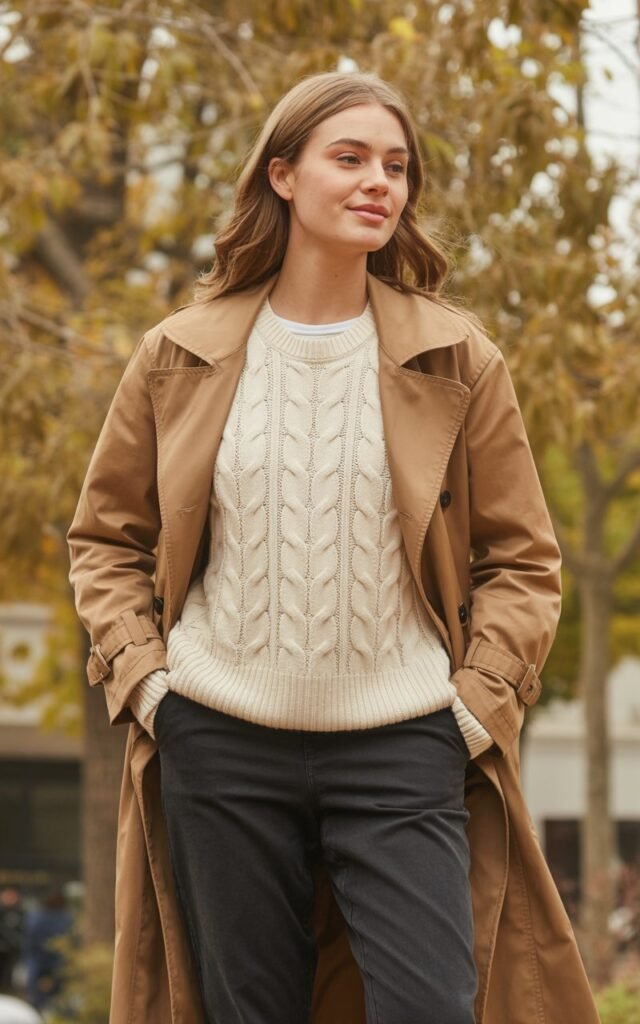 A natural-looking young woman wearing a belted trench coat layered over a casual knit and slim pants. Theme casual fall outfits