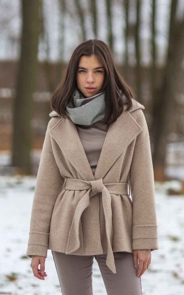 A natural-looking young woman wearing a belted wool coat layered over a simple top and slim pants. Theme winter fashion outfits 