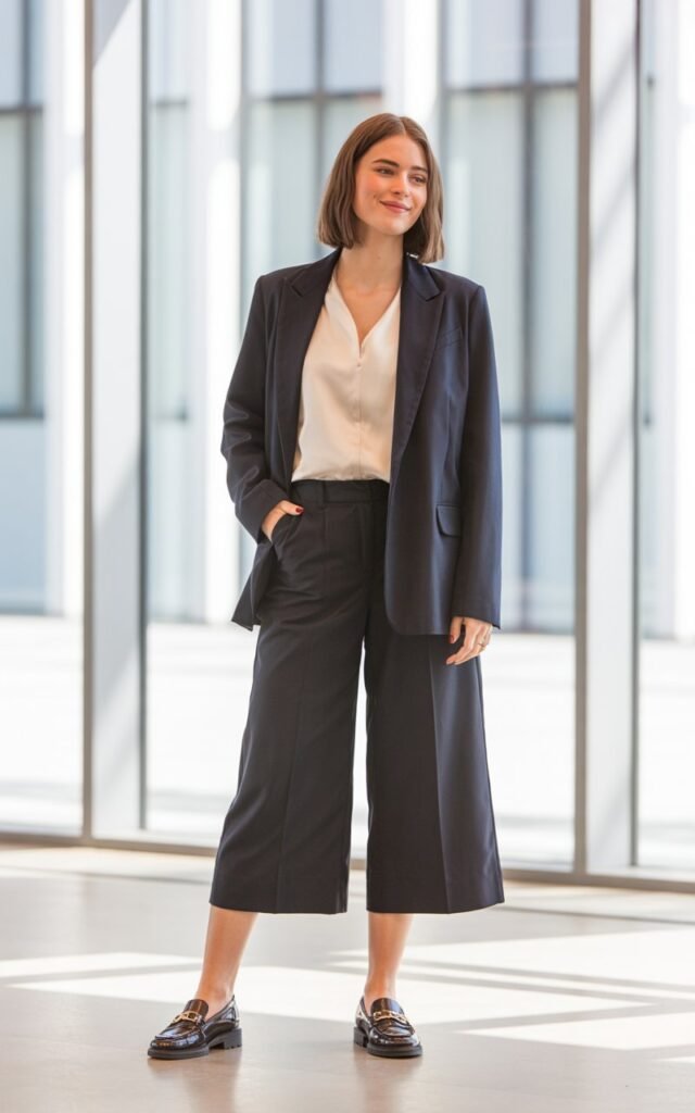 A natural-looking young woman wearing a blazer and culottes combo paired with loafers. Theme business casual outfits