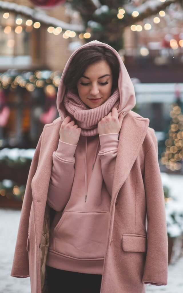 A natural-looking young woman wearing a blush hoodie layered under a classic wool coat. Theme pink christmas outfit