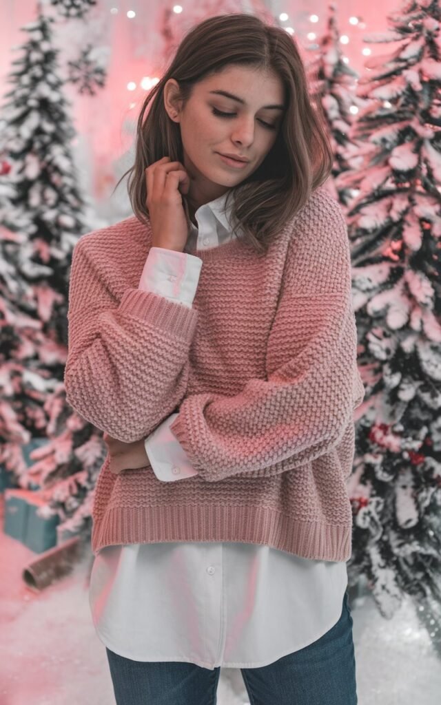 A natural-looking young woman wearing a blush knit sweater layered over a crisp white button-down with jeans. Theme pink christmas outfit