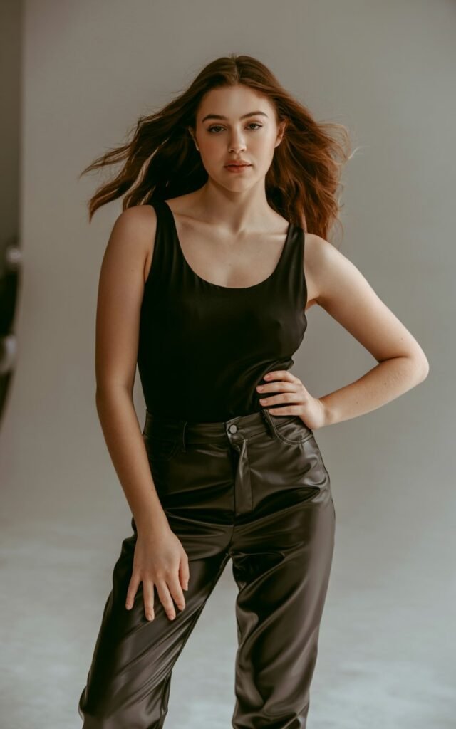 A natural-looking young woman wearing a bodysuit with faux leather trousers. Theme curvy outfits.