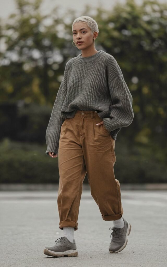 A natural-looking young woman wearing a boxy sweater paired with cuffed chinos and casual shoes. Theme tomboy outfits