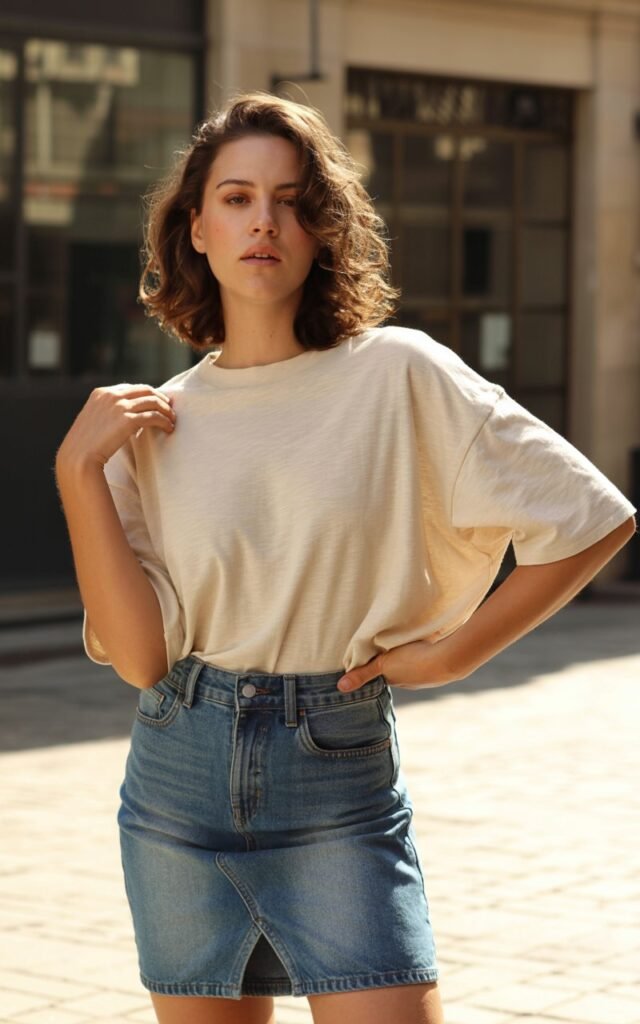 A natural-looking young woman wearing a boxy top balanced with a fitted jean skirt silhouette. Theme jean skirt outfits