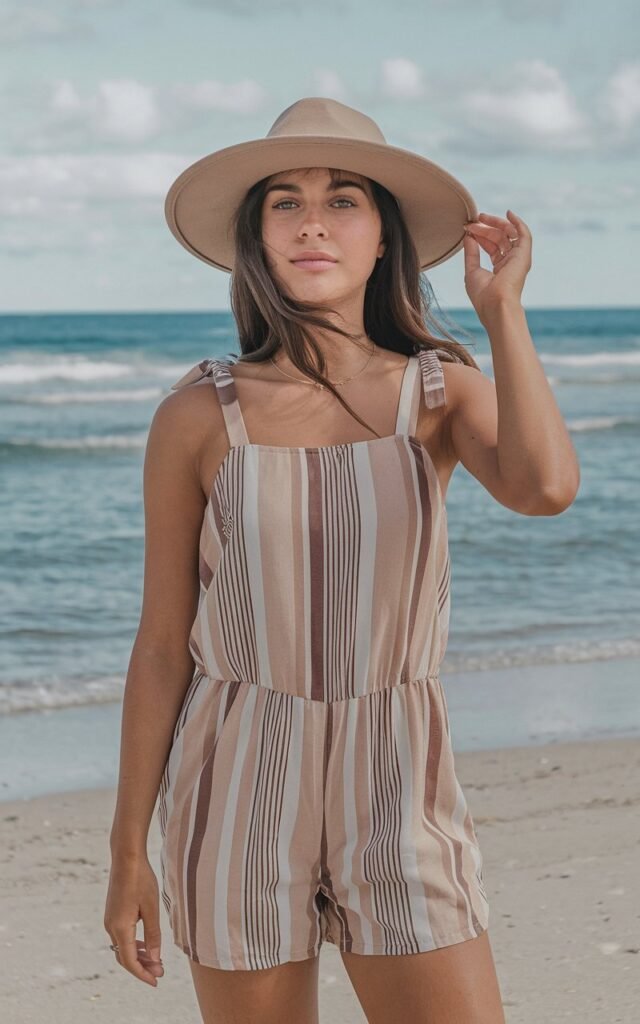 A natural-looking young woman wearing a breezy jumpsuit with adjustable straps. Theme beach outfits