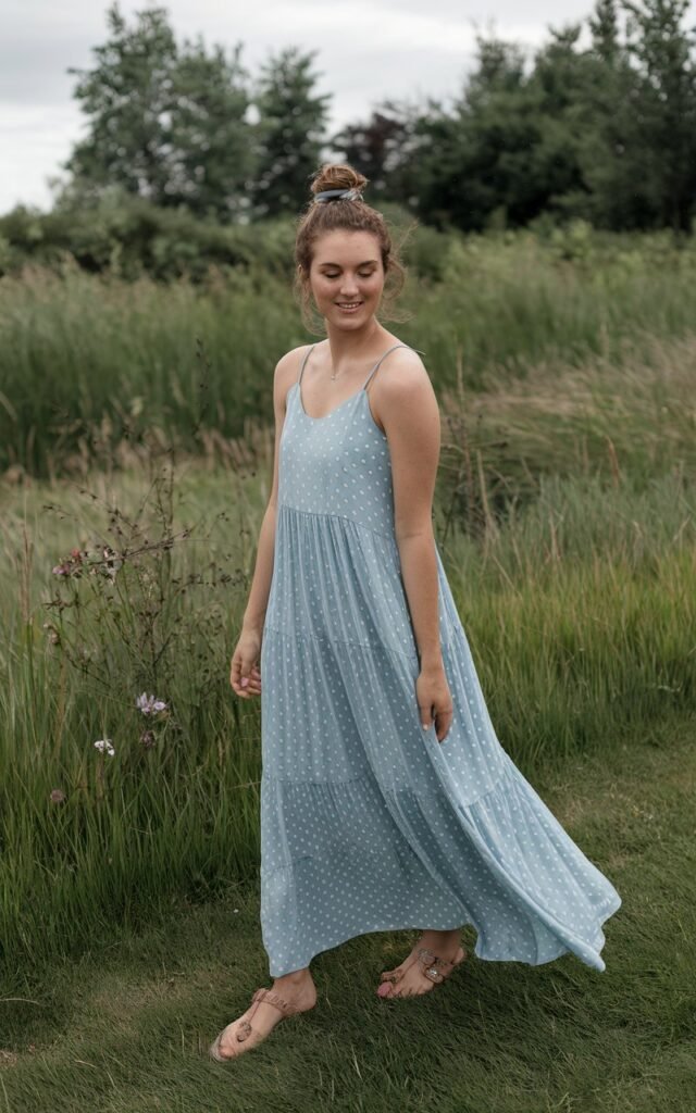 A natural-looking young woman wearing a breezy maxi dress made from lightweight fabric. Theme cute summer outfits