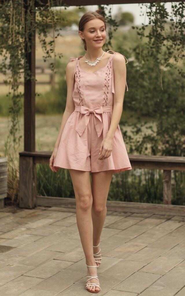 A natural-looking young woman wearing a breezy romper with soft feminine details. Theme girly summer outfits