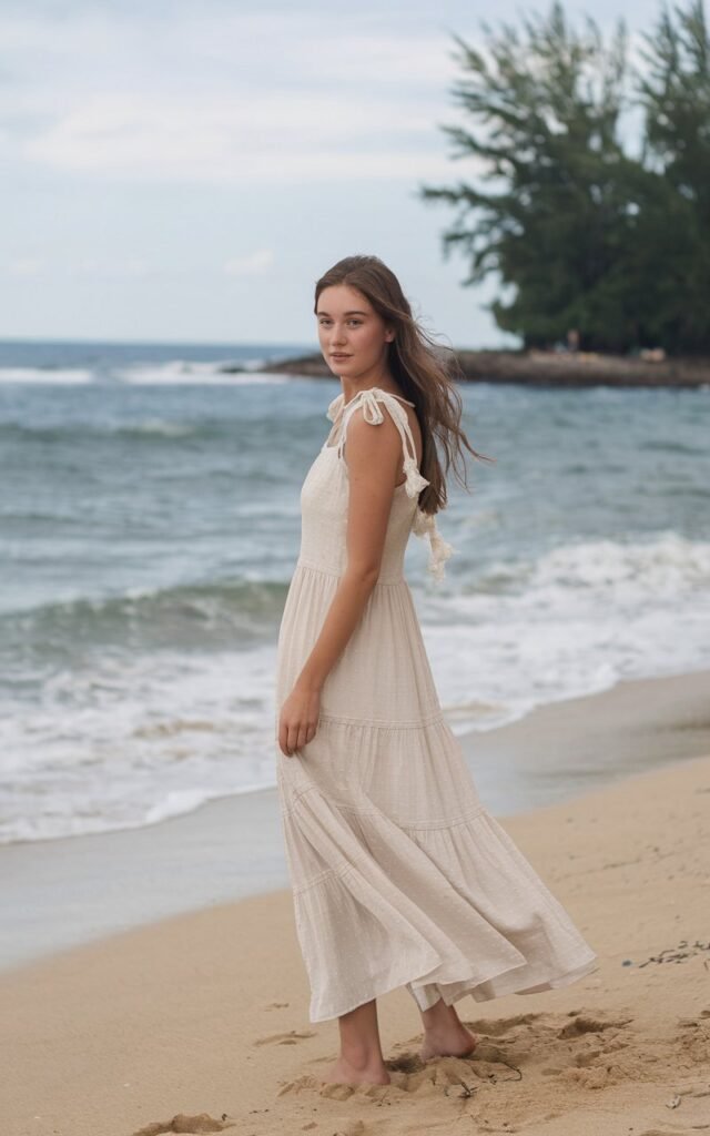 A natural-looking young woman wearing a breezy white sundress with delicate straps. Theme beach outfits