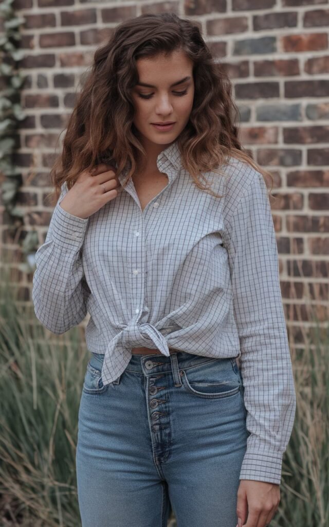 A natural-looking young woman wearing a button-down shirt half-tucked into classic jeans. Theme fashion inspo outfits