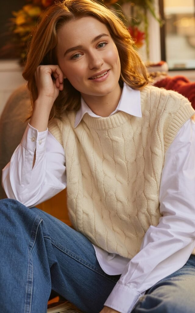 A natural-looking young woman wearing a button-down shirt layered under a sleeveless sweater with jeans. Theme casual fall outfits