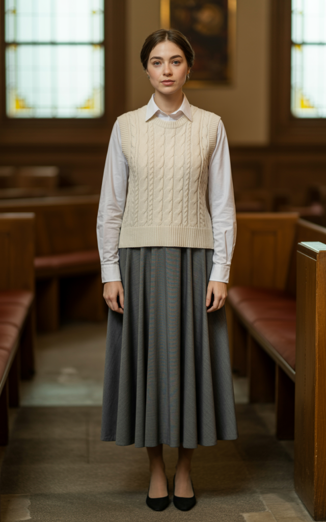 A natural-looking young woman wearing a button-down shirt layered with a sweater vest and a midi skirt. Theme church winter outfit. Generate two different images using the same prompt.
