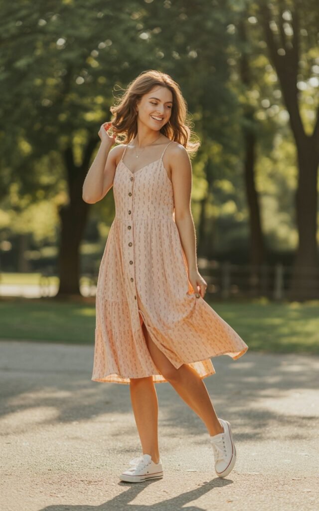 A natural-looking young woman wearing a button-front sundress styled with casual sneakers. Theme girly summer outfits