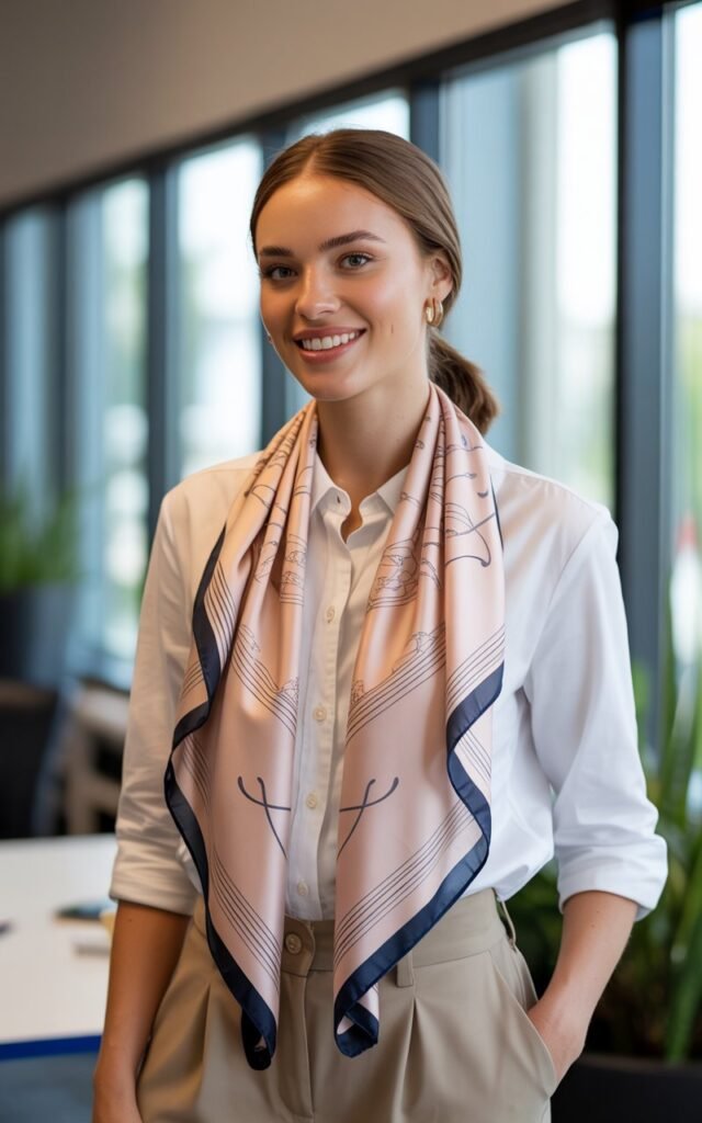 A natural-looking young woman wearing a button-up shirt accessorized with a silk scarf. Theme business casual outfits