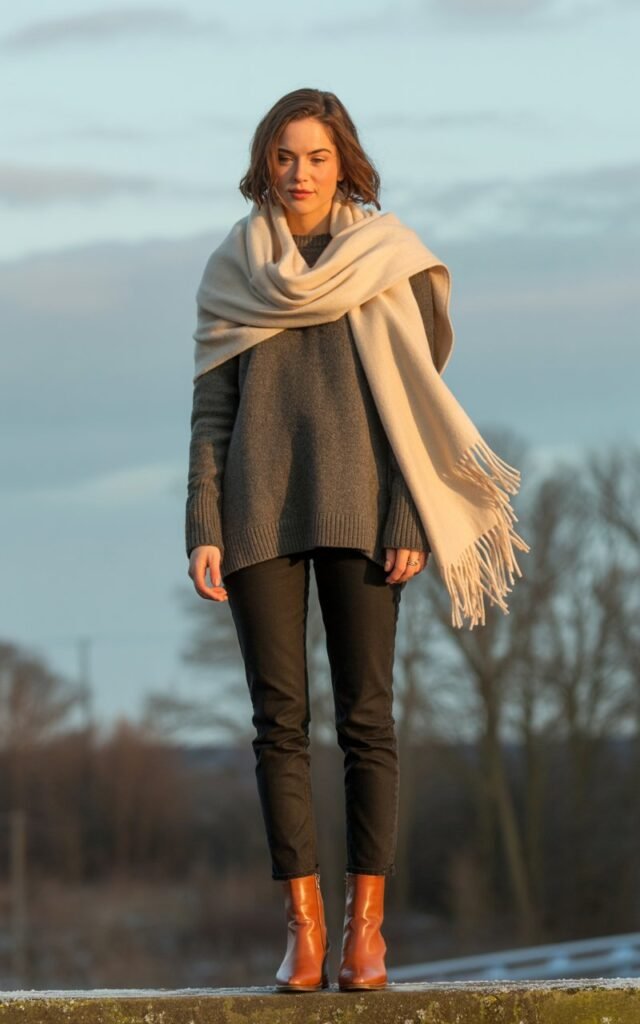 A natural-looking young woman wearing a cashmere scarf styled with basic layers and polished boots. Theme cold weather outfits
