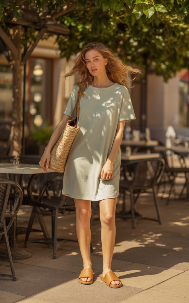 A natural-looking young woman wearing a casual t-shirt dress paired with slide sandals. Theme cute summer outfits