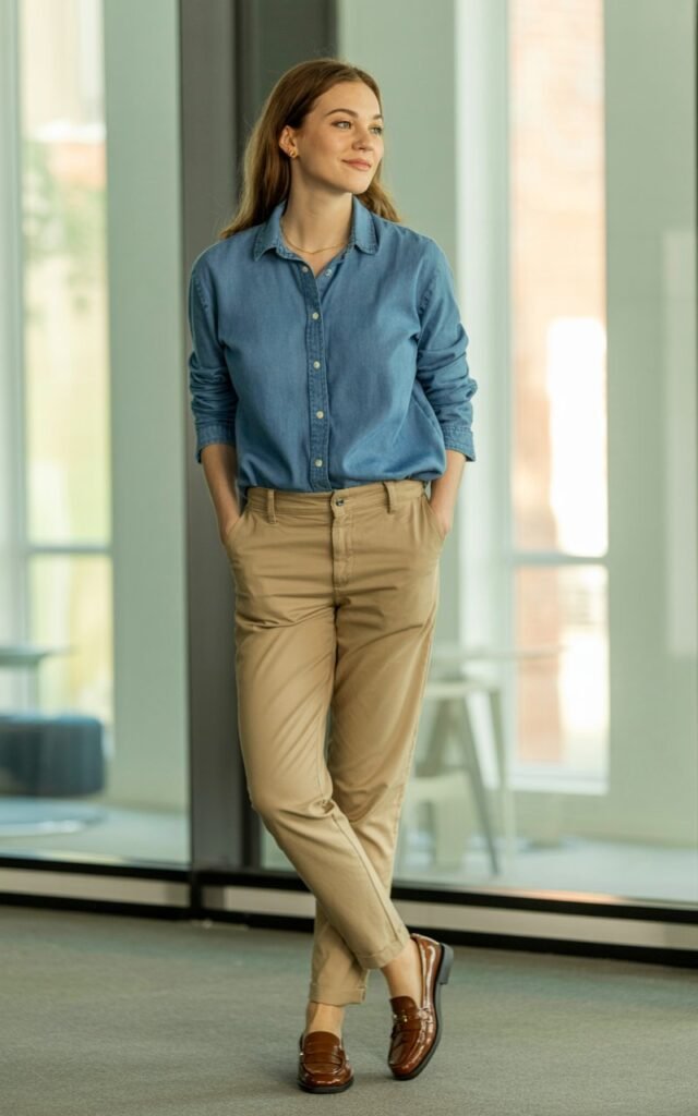 A natural-looking young woman wearing a chambray shirt paired with khaki trousers. Theme business casual outfits