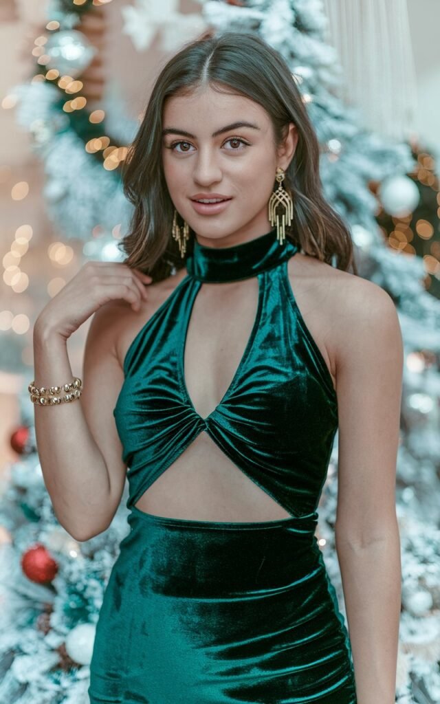 A natural-looking young woman wearing a chic outfit styled with heeled boots. Theme holiday party outfit