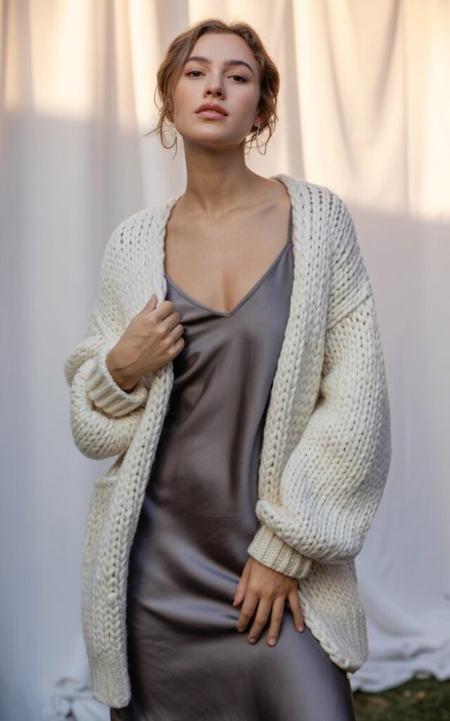 A natural-looking young woman wearing a chunky cardigan with a midi slip dress. Theme winter fashion outfits