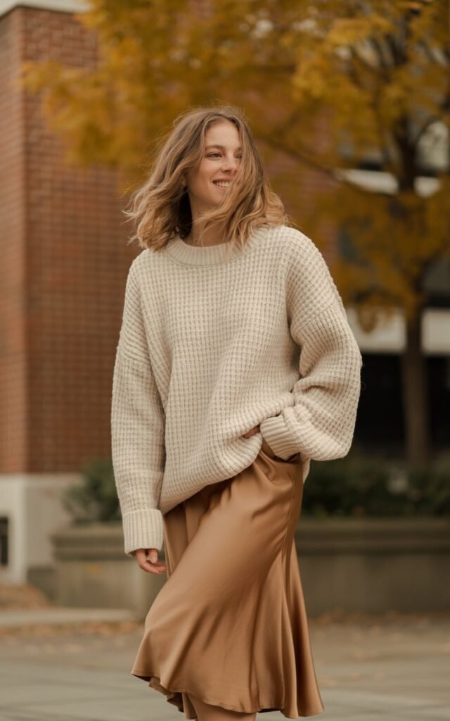 A natural-looking young woman wearing a chunky knit sweater layered over a satin midi skirt. Theme casual fall outfits