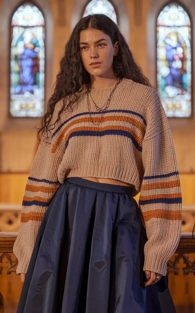 A natural-looking young woman wearing a chunky knit sweater paired with a structured midi skirt. Theme church winter outfit
