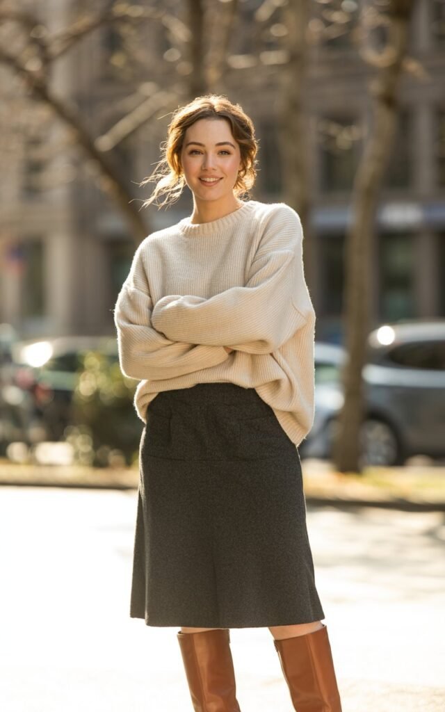 A natural-looking young woman wearing a chunky sweater paired with a midi skirt and tall boots. Theme cold weather outfits