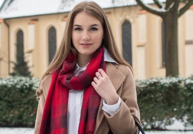 A natural-looking young woman wearing a classic tote or structured handbag with a polished winter outfit. Theme church winter outfit