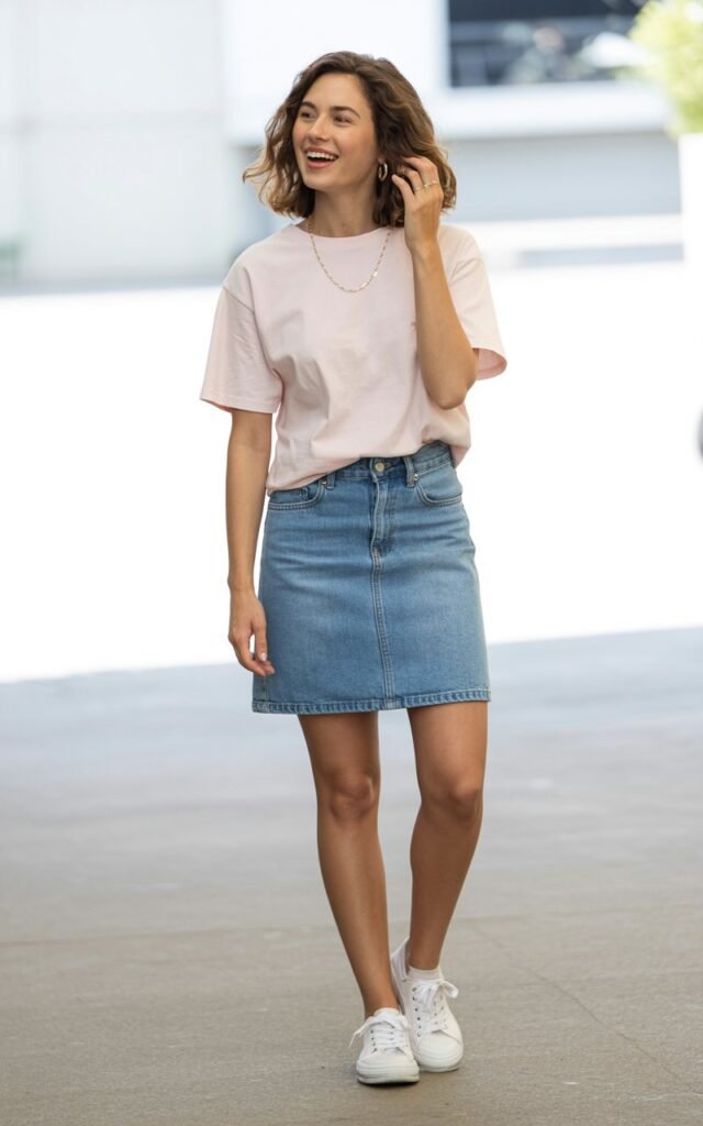 A natural-looking young woman wearing a clean denim skirt outfit with minimal accessories. Theme jean skirt outfits
