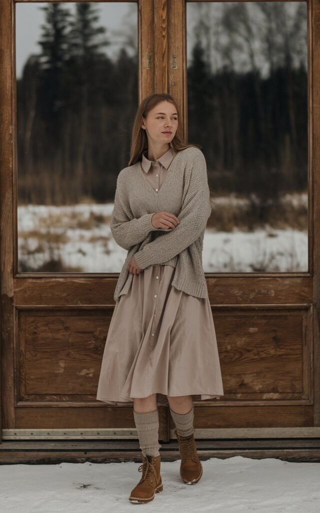 A natural-looking young woman wearing a collared dress layered with a lightweight sweater. Theme church winter outfit. 