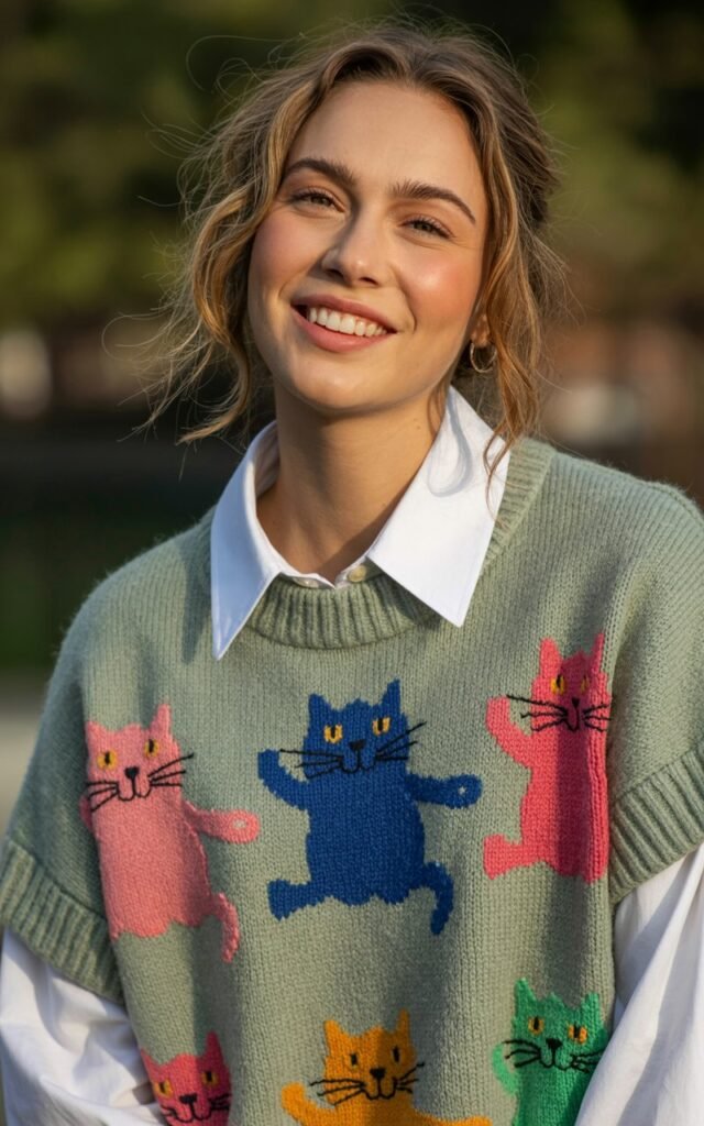 A natural-looking young woman wearing a collared shirt layered under a graphic sweater. Theme quirky fashion
