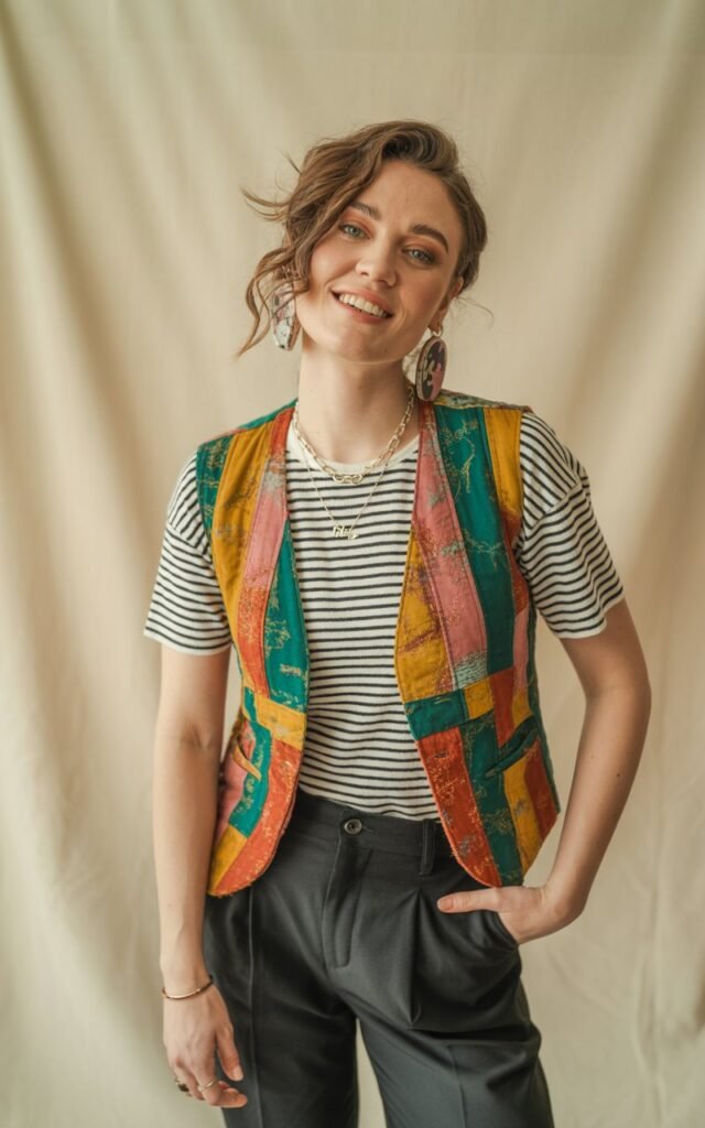 A natural-looking young woman wearing a colorful vest layered over a monochrome outfit. Theme quirky fashion