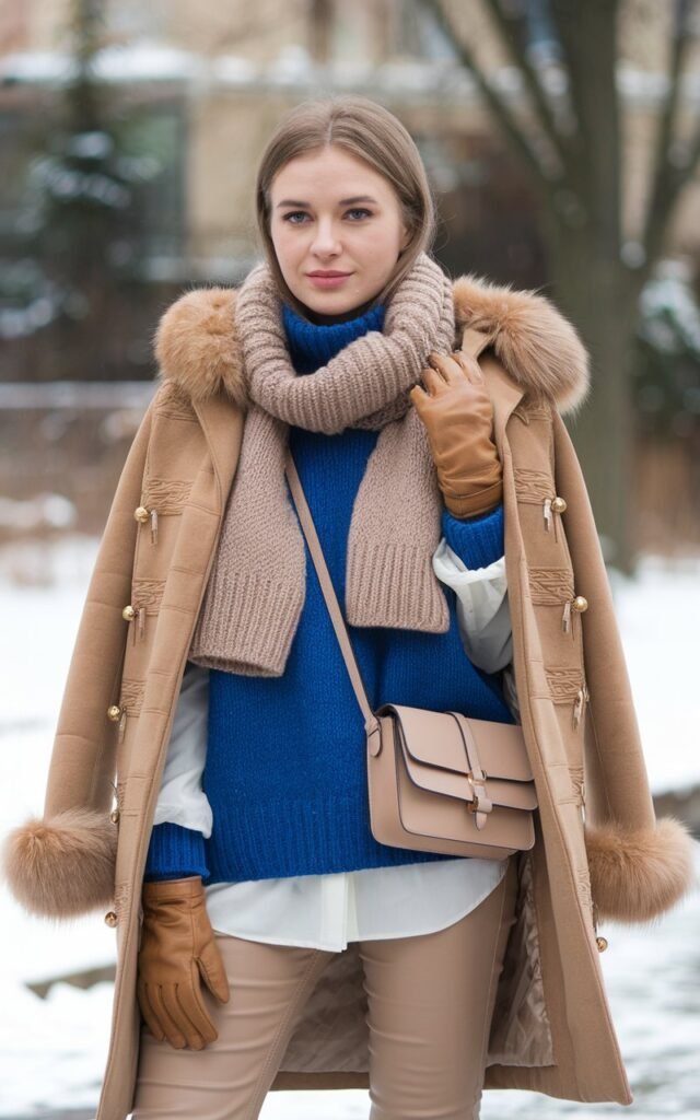 A natural-looking young woman wearing a complete winter outfit styled with a crossbody bag and cold-weather accessories. Theme winter fashion outfits 