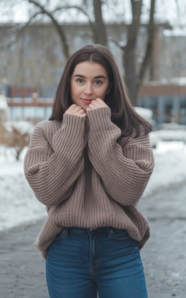 A natural-looking young woman wearing a cozy knit sweater layered over straight-leg jeans with ankle boots. Theme cold weather outfits
