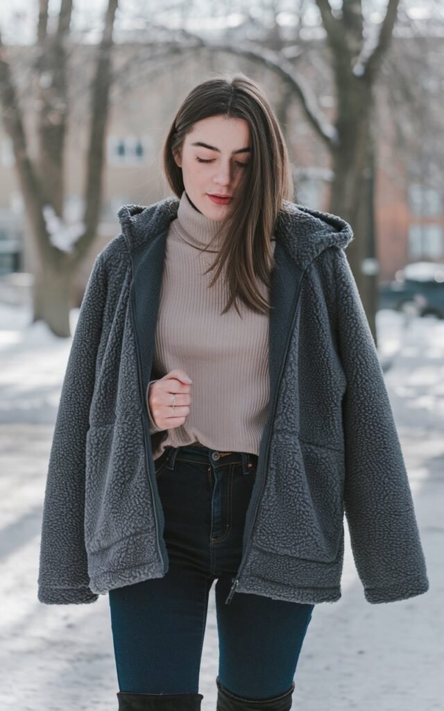 A natural-looking young woman wearing a cozy sherpa or teddy jacket styled with simple winter basics. Theme winter fashion outfits 