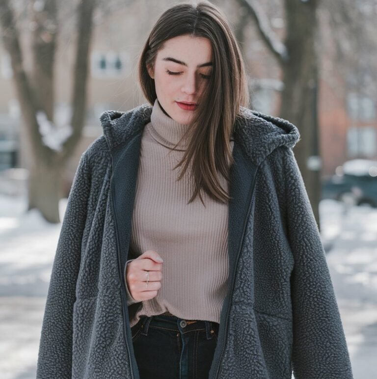 A natural-looking young woman wearing a cozy sherpa or teddy jacket styled with simple winter basics. Theme winter fashion outfits