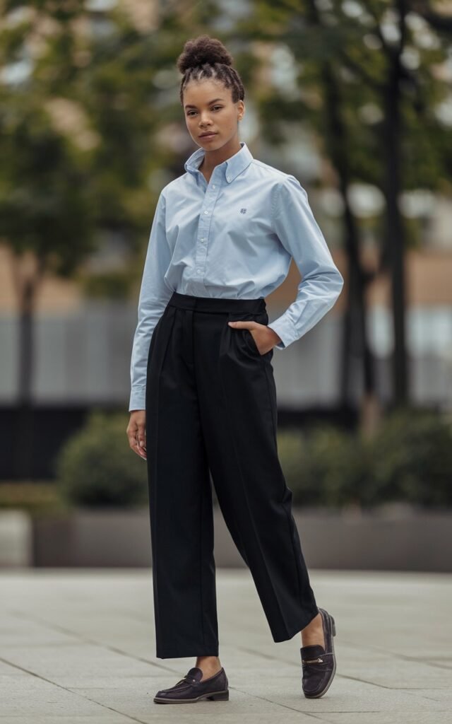 A natural-looking young woman wearing a crisp oxford shirt paired with black straight-leg pants and loafers. Theme tomboy outfits