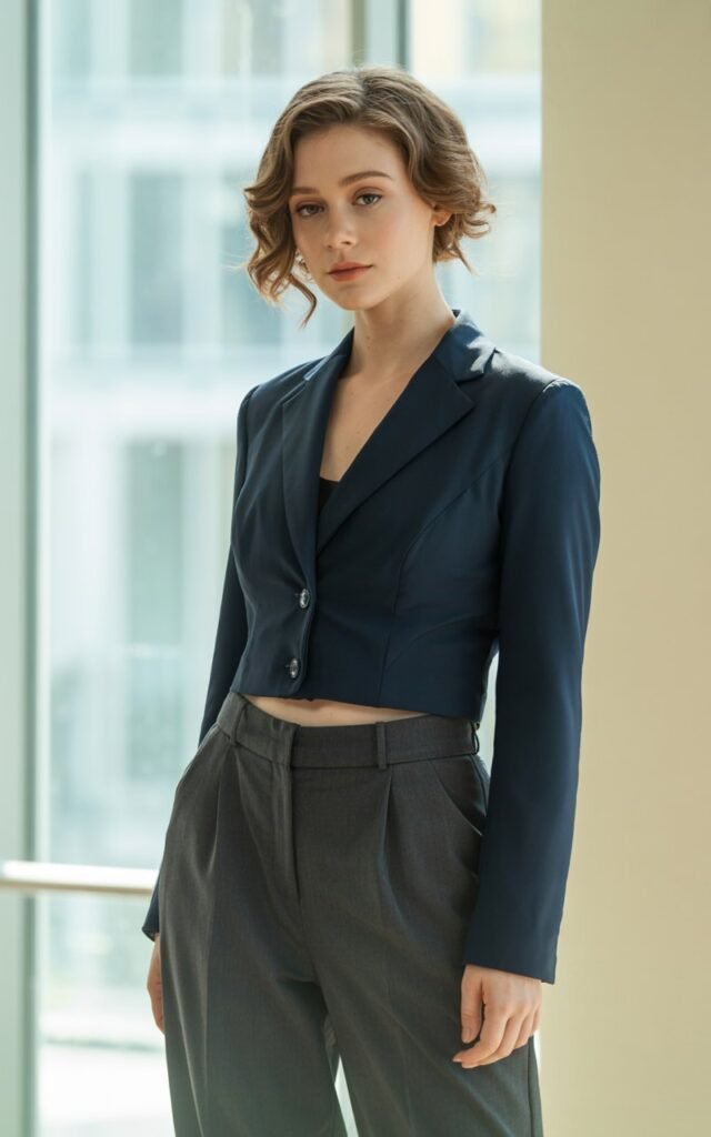 A natural-looking young woman wearing a cropped blazer matched with high-waist pants. Theme business casual outfits