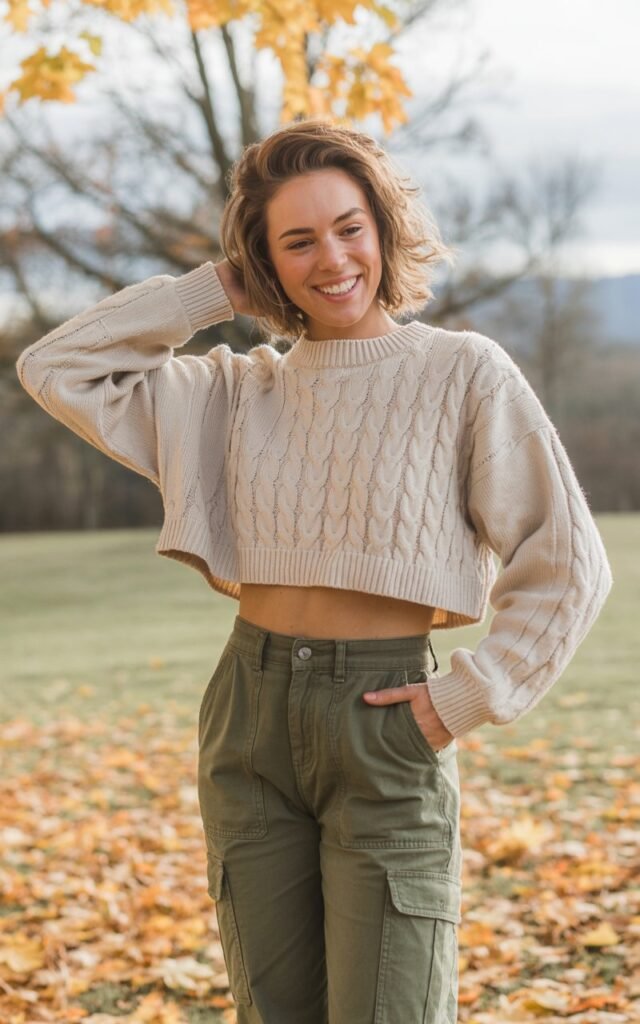A natural-looking young woman wearing a cropped cable knit sweater with cargo pants. Theme casual fall outfits