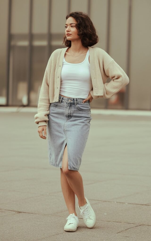 A natural-looking young woman wearing a minimalist jean skirt outfit styled with a sleek belt. Theme: jean skirt outfits